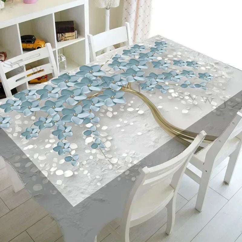 3D Floral Butterfly Print Tablecloth Purple Lilac Pattern Linen Stain Resistant Tablecloth Christmas Dinner Decor Tablecloth